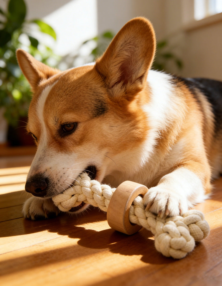 Dog aggressively chewing eco-friendly cotton rope and wood dog toy during play