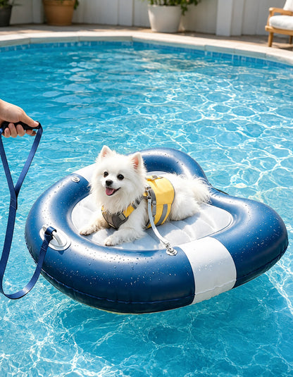 Happy dog relaxing on the CHISUPET FloatBuddy™ inflatable dog float while floating on a calm swimming pool.