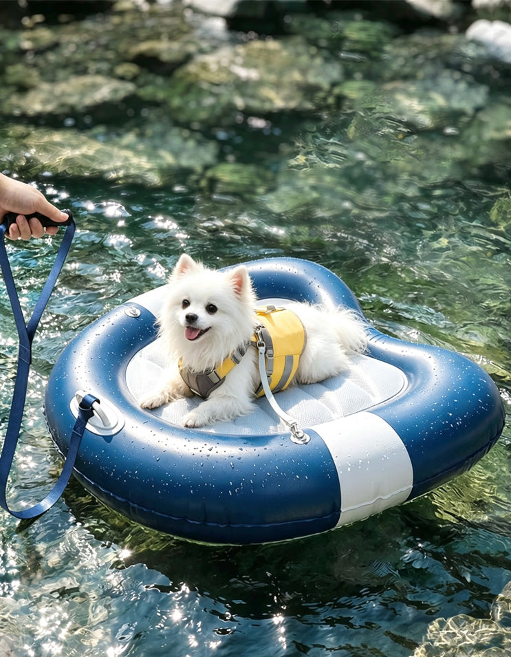Happy dog relaxing on the CHISUPET FloatBuddy™ inflatable dog raft while floating on a calm lake.