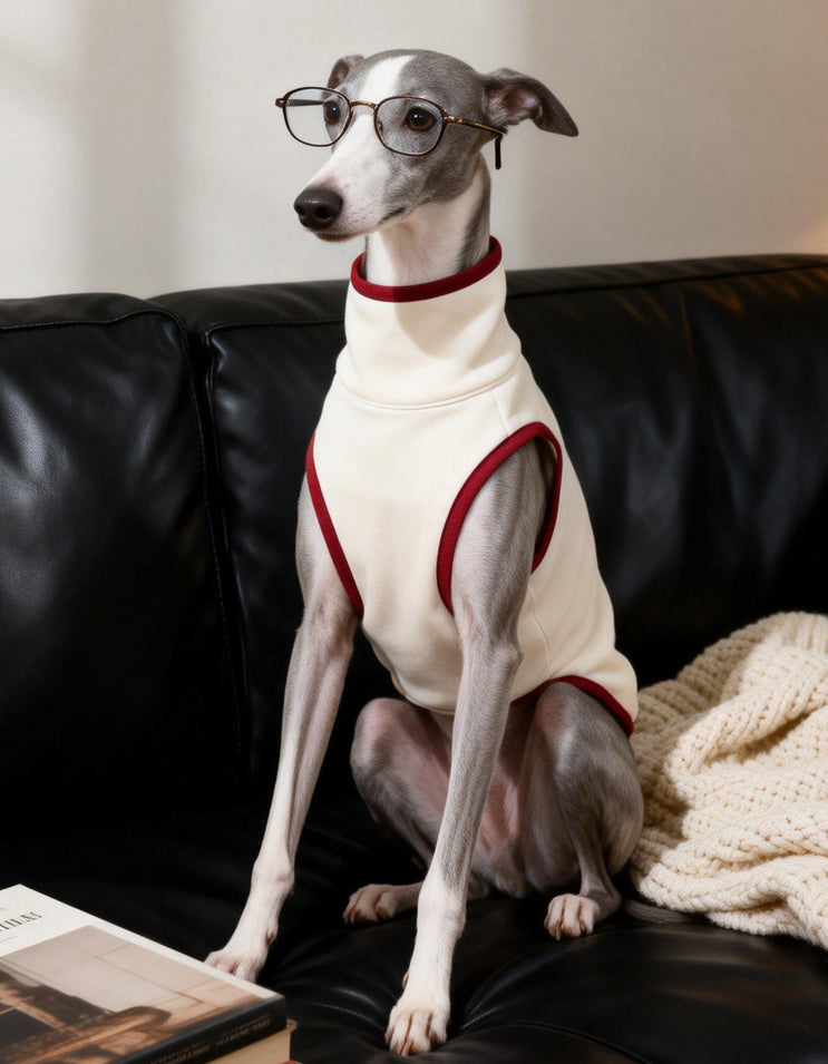 A dog wearing CHISU SilkCash turtleneck vest in beige color, designed for warmth and comfort in autumn and winter.
