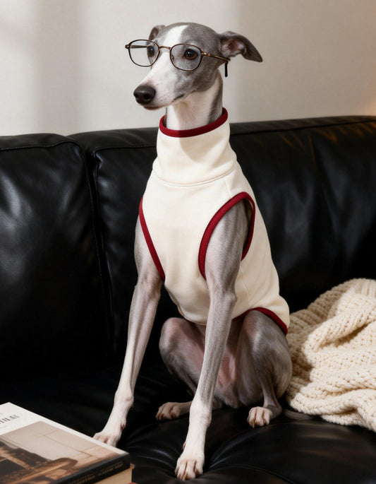 A dog wearing CHISU SilkCash turtleneck vest in beige color, designed for warmth and comfort in autumn and winter.