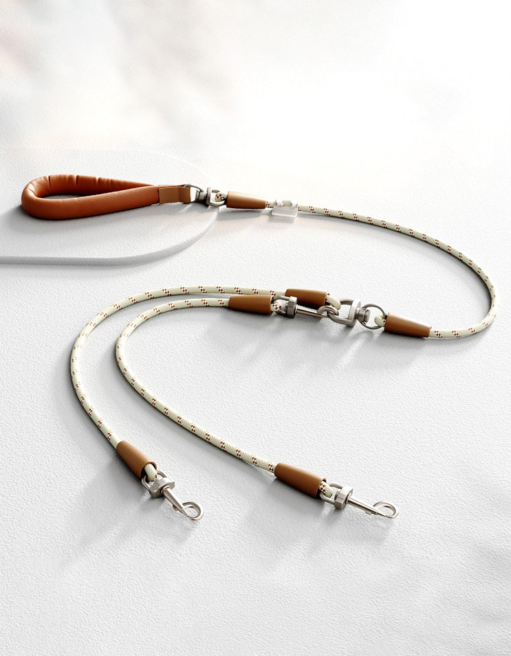 Two-dog leash with multi-point swivel joints preventing tangling during walks