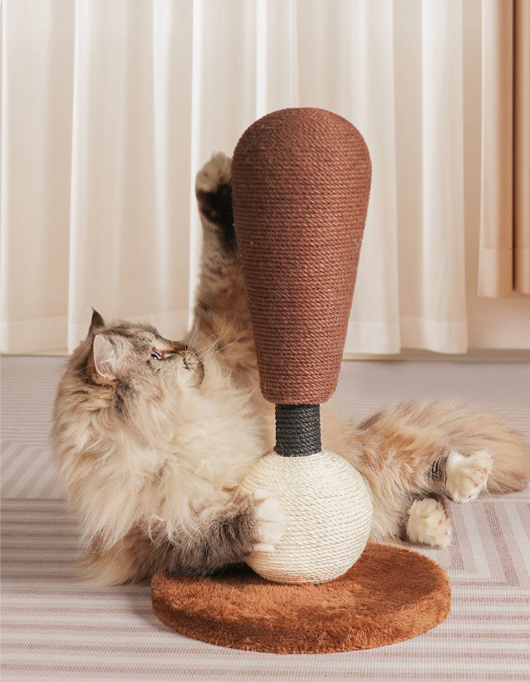 Tall exclamation mark shaped cat scratch post with durable sisal surface