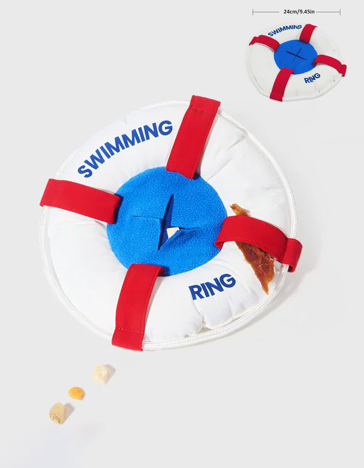 Swim ring shaped pet snuffle toy for hiding treats and encouraging mental stimulation