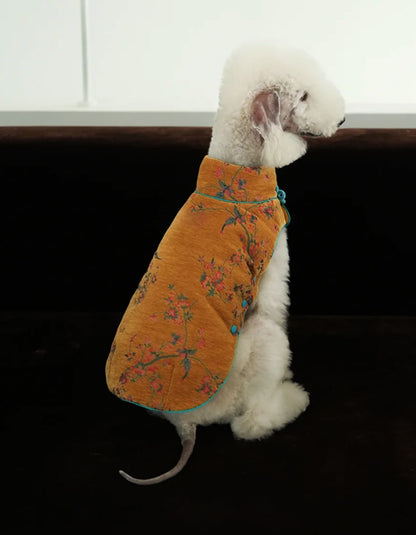 Quilted chenille pet vest with traditional frog button closure for festive occasions