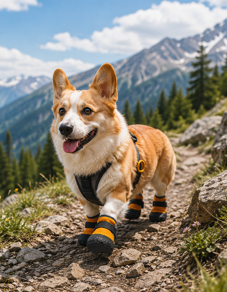 Corgi wearing anti-slip outdoor dog boots designed for hiking and paw protection in all seasons
