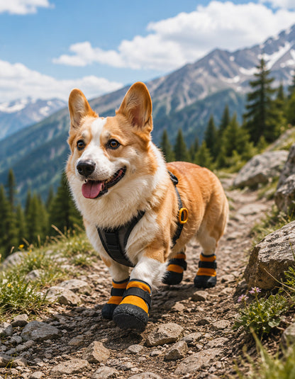 Corgi wearing anti-slip outdoor dog boots designed for hiking and paw protection in all seasons