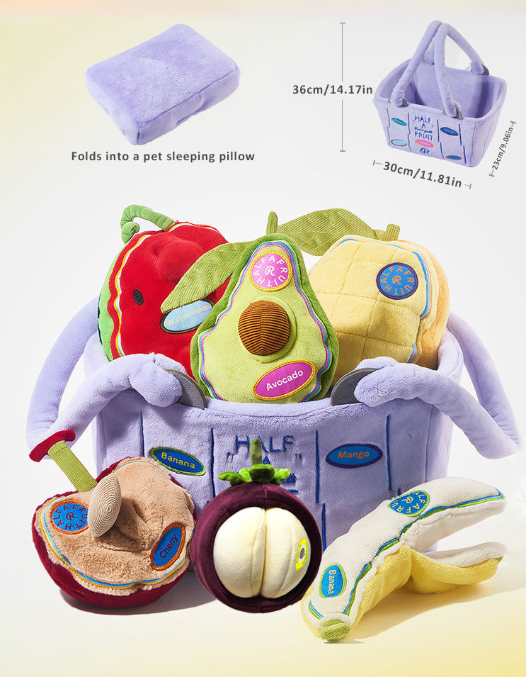 Complete fruit-themed dog enrichment toy set with basket for sniffing and interactive play