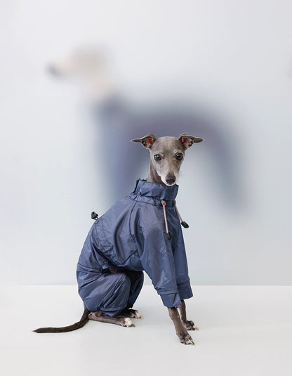 Side view of dog wearing CHISU AeroShield blue rain shell with four-leg coverage and ultra-light design.