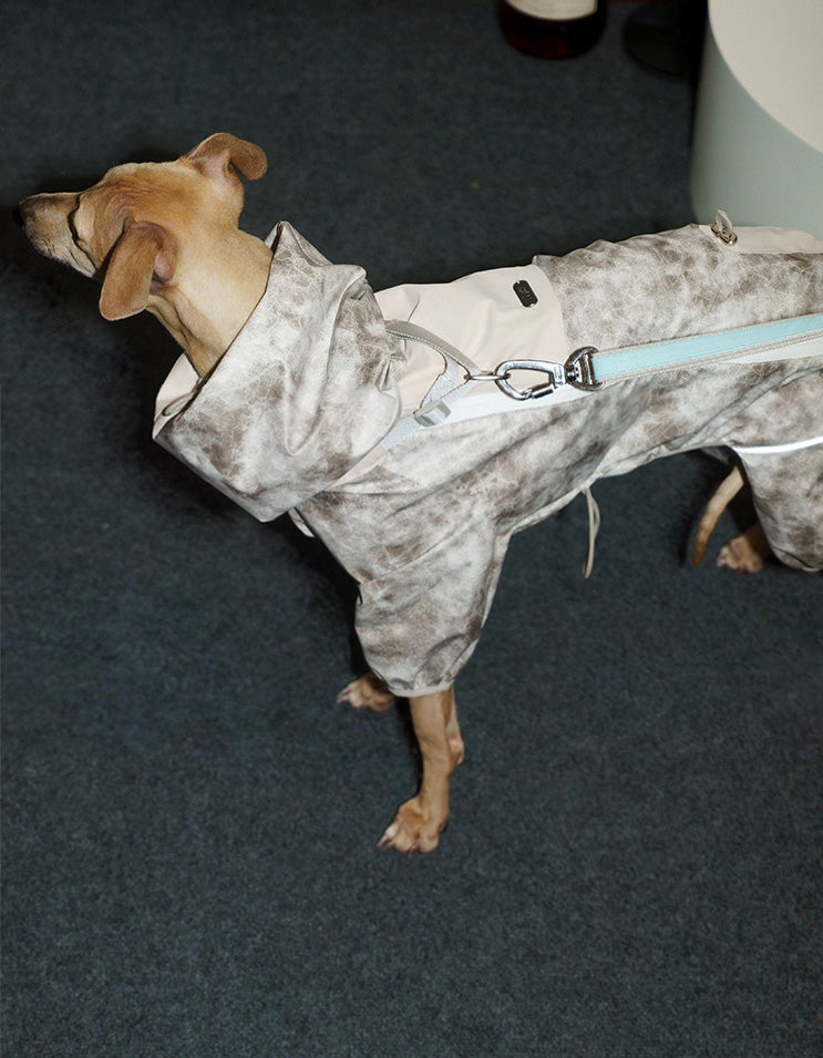 Side view of a dog wearing the CHISU TrailShield rain shell in Frosted Khaki featuring four-leg coverage and weather protection.