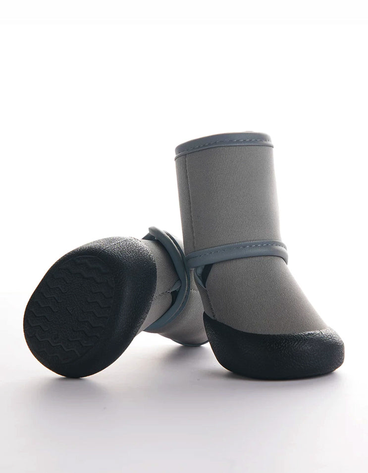 Gray amphibious dog boots designed for outdoor water play and anti-slip paw protection