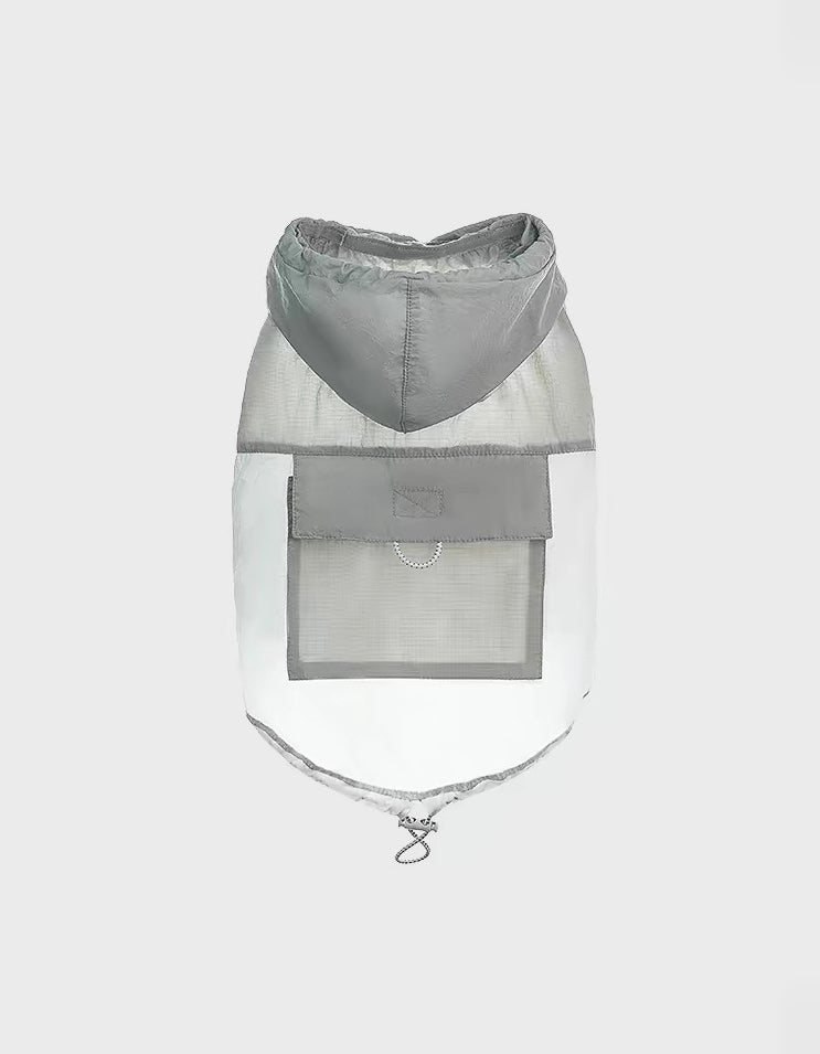 Gray white hooded dog cooling vest made from ultra-thin breathable fabric with UV protection