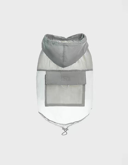 Gray white hooded dog cooling vest made from ultra-thin breathable fabric with UV protection