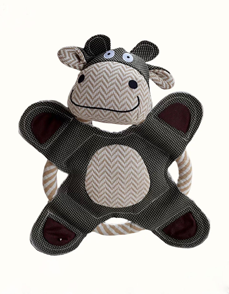 Green cow shaped dog toy with flying disc and rope tug design for dogs