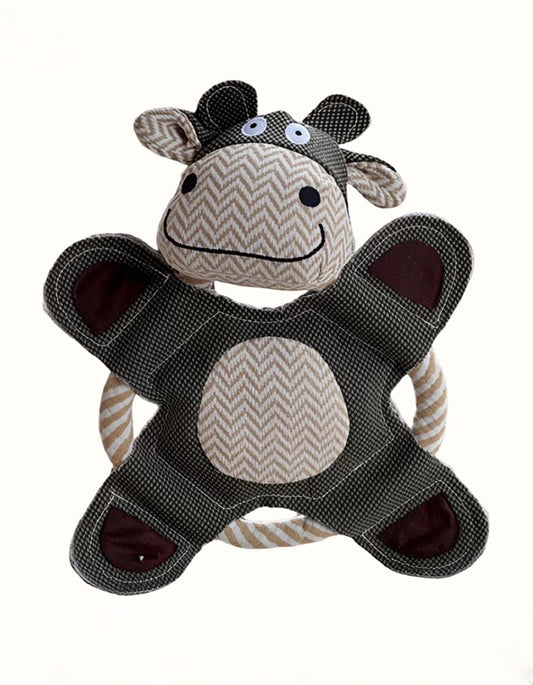 Green cow shaped dog toy with flying disc and rope tug design for dogs