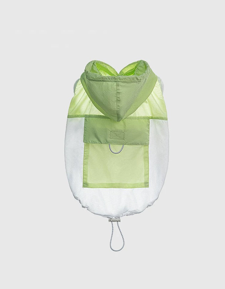 Green white hooded dog cooling vest made of ultra-thin breathable fabric, designed for UV protection and summer comfort