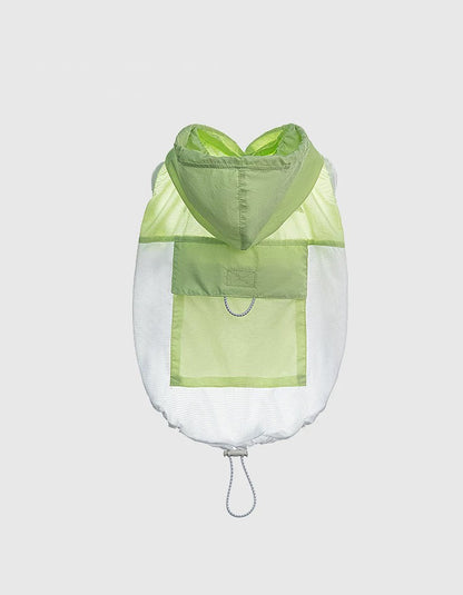 Green white hooded dog cooling vest made of ultra-thin breathable fabric, designed for UV protection and summer comfort