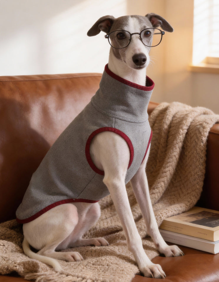 A small breed dog wearing a grey CHISU SilkCash cashmere silk vest for cold weather protection.