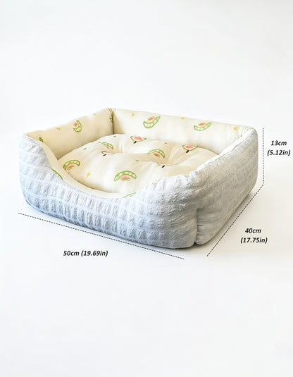Guava shaped cooling pet bed with soft PP cotton filling, textured fabric and supportive raised edges
