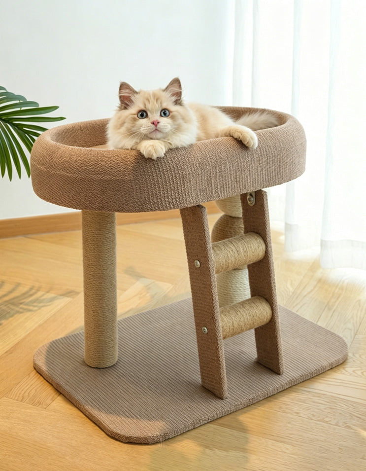 Interactive hanging ball toy attached to the cat tree for playful engagement