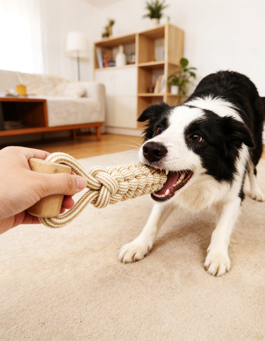 Dog and owner playing tug-of-war with eco-friendly wooden cotton rope toy indoors