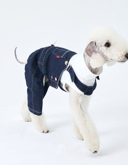 Dog wearing Indigo Days vintage denim overalls with adjustable shoulder straps and classic indigo cotton fabric.