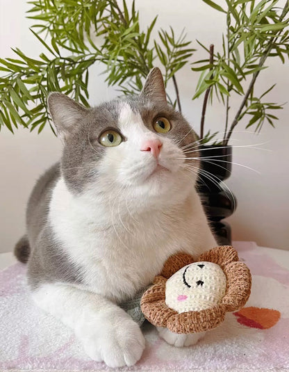 kitten playing with flower shaped chenille catnip toy, interactive soft plush toy for cats