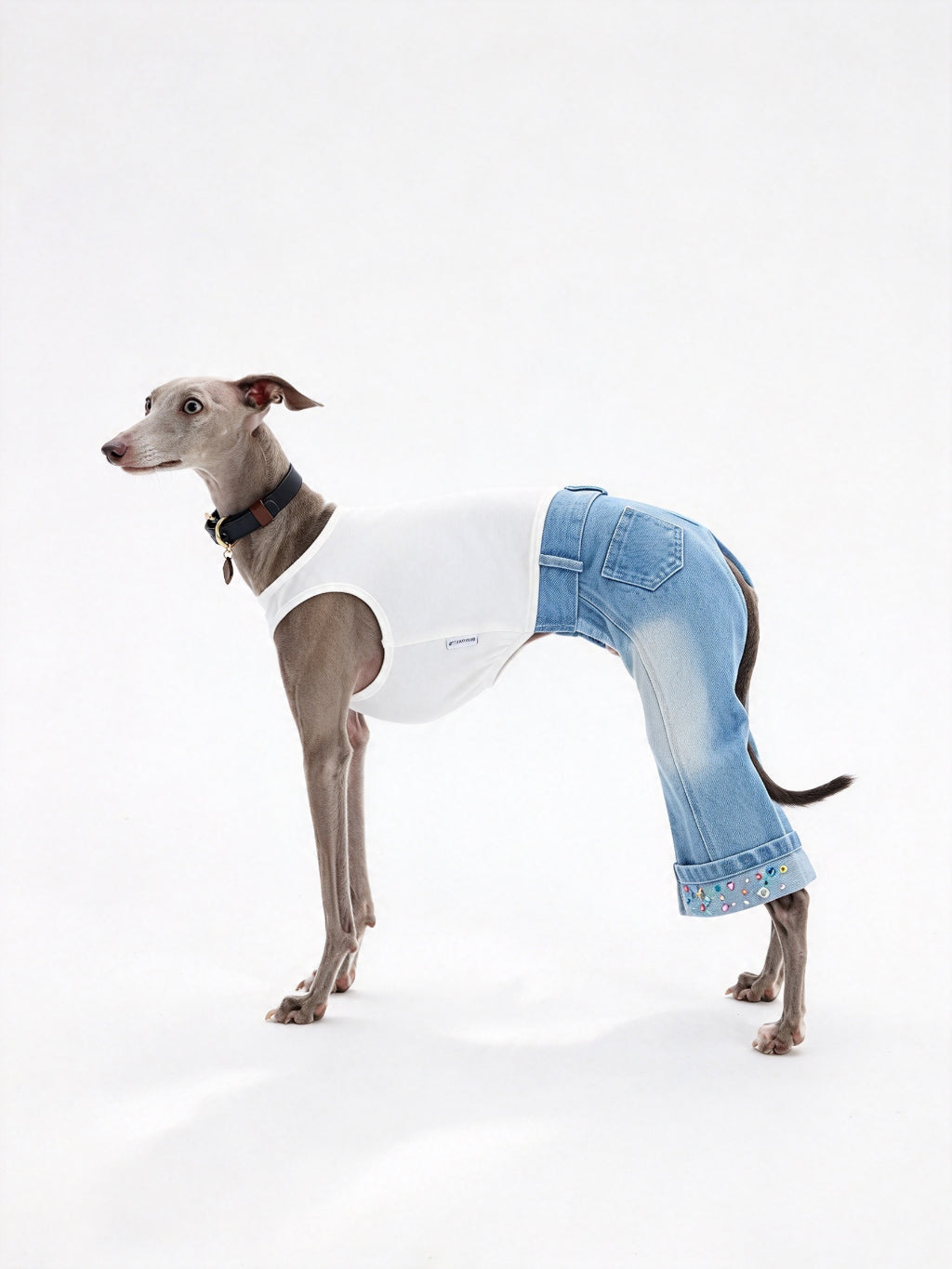 CHISUPET light blue pet denim overalls with rhinestone embellished pant hems