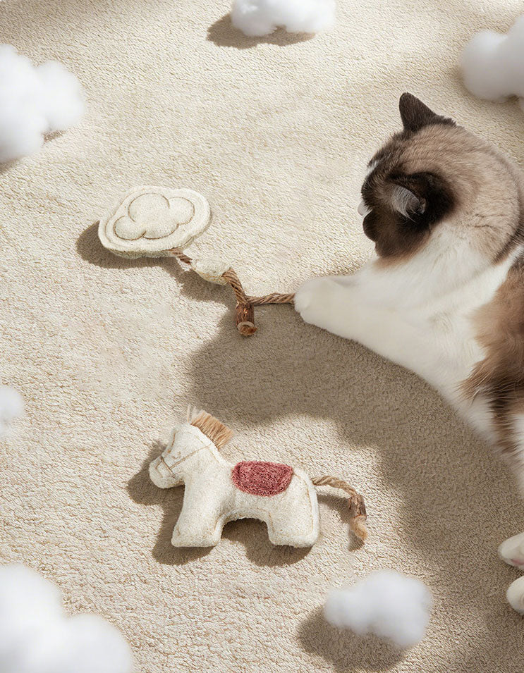 Close-up of natural loofah fiber cat toy, eco-friendly and biodegradable material