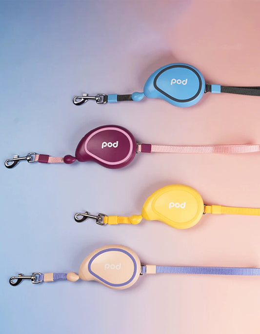 Assorted mango-shaped retractable leashes in yellow, blue, purple, and pink colors displayed together