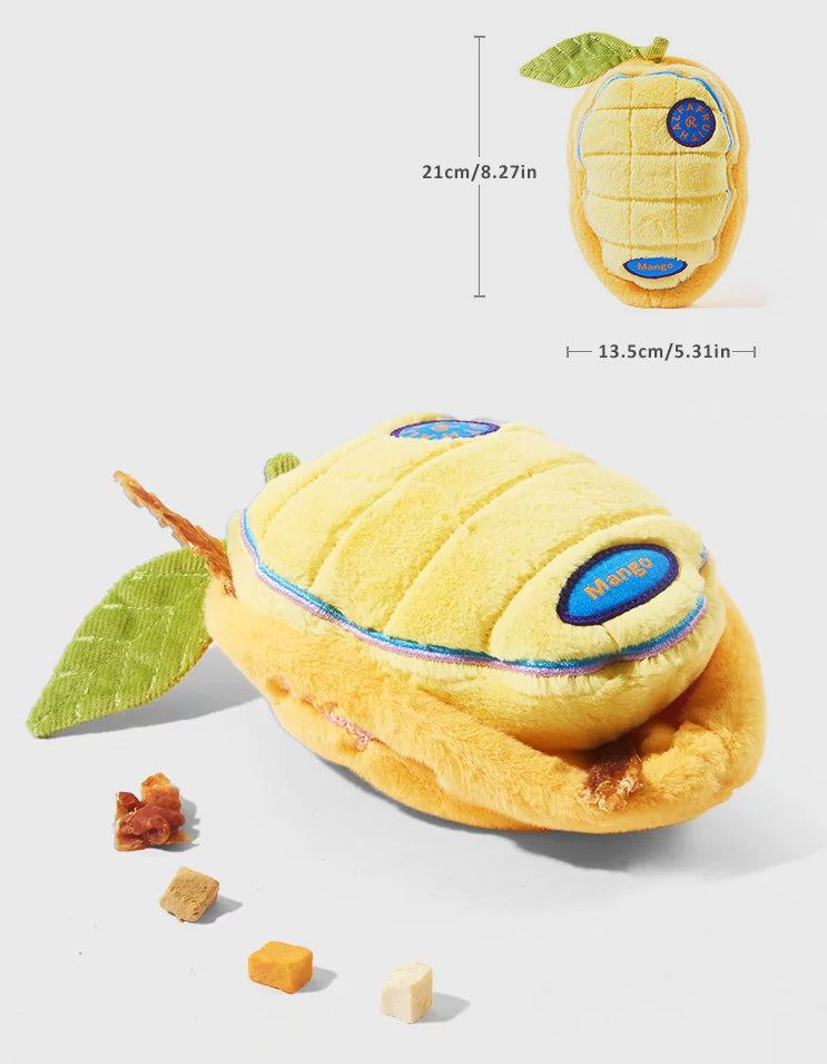 Mango-shaped enrichment plush toy for dogs designed for sniffing and reward games