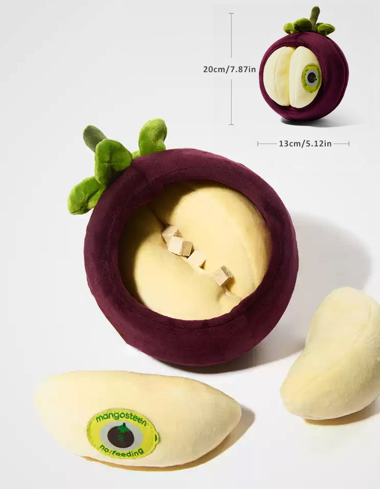 Mangosteen-shaped dog enrichment toy with hidden treat pockets for sniffing and play