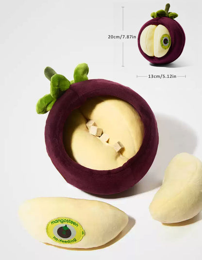 Mangosteen-shaped dog enrichment toy with hidden treat pockets for sniffing and play