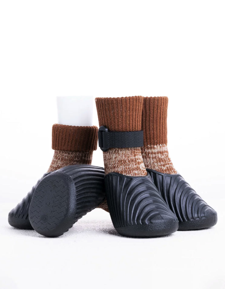 Mist brown waterproof dog boots with integrated sock design and cushioned sole
