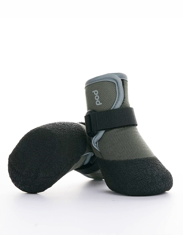 Olive gray anti-slip dog boots designed for outdoor hiking and winter paw protection
