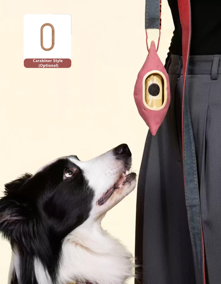 A dog and owner enjoying an outdoor adventure with the CHISU SweetSpud poop bag holder securely attached for easy cleanup.