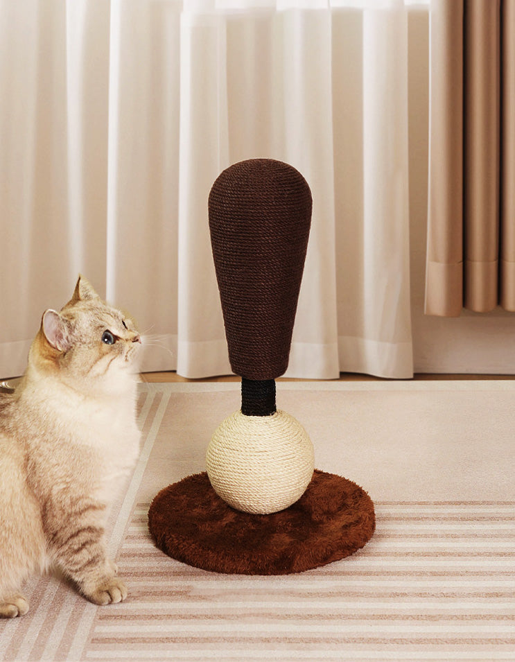 Cat scratch toy set with playful bomb-inspired shapes made of sisal rope and stable base