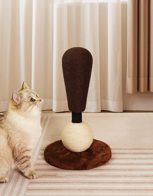 Cat scratch toy set with playful bomb-inspired shapes made of sisal rope and stable base