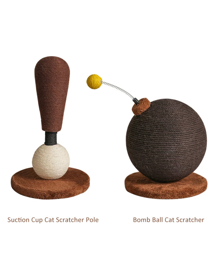 Multiple playful shaped cat scratch toys displayed together in a set design