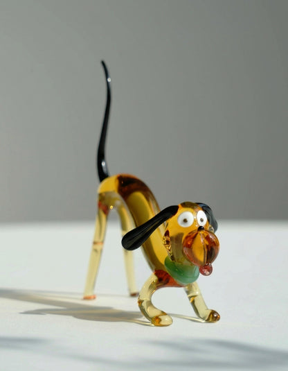 Adorable liuli glass dog figurine in a play bow pose, cute and lively decorative piece