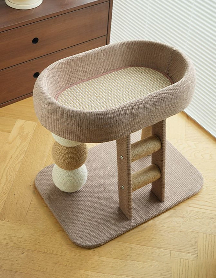 Cat climbing, scratching sisal post, and resting on the top platform in a multifunctional cat tree