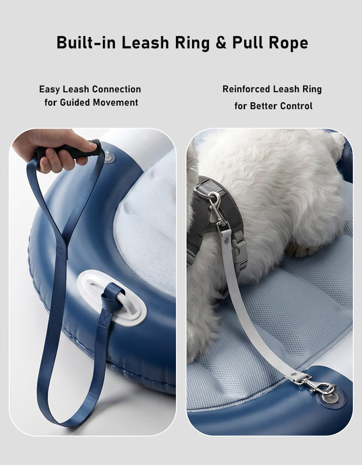 Reinforced tow ring and pull rope on the CHISUPET FloatBuddy™ dog raft for secure leash attachment and easy guidance on the water.