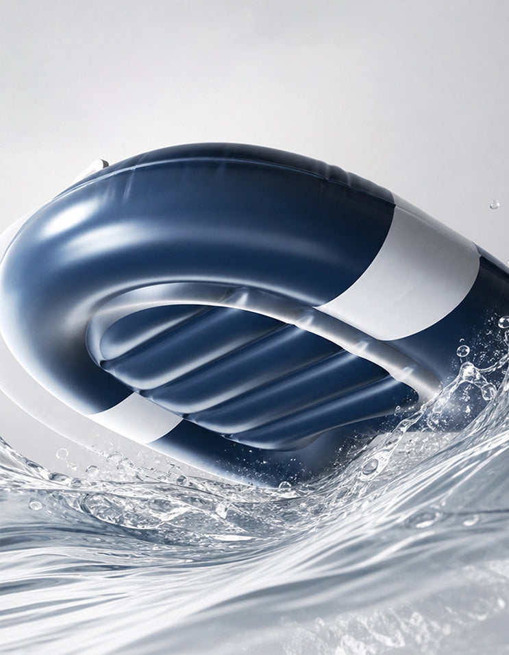 Stylish dog riding the CHISUPET FloatBuddy™ inflatable raft across the water for an exciting surfing-inspired adventure.