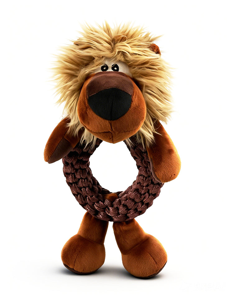 Durable lion dog rope toy with handwoven climbing rope and squeaker head
