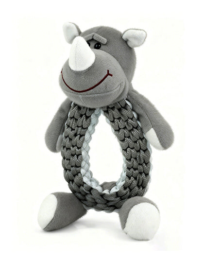 Rhino shaped dog rope toy designed for aggressive chewers with built-in squeaker