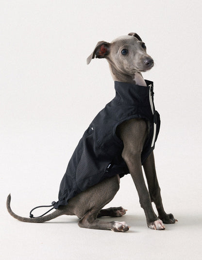 Black lightweight dog vest with UPF50+ sun protection and breathable design for summer outdoor wear