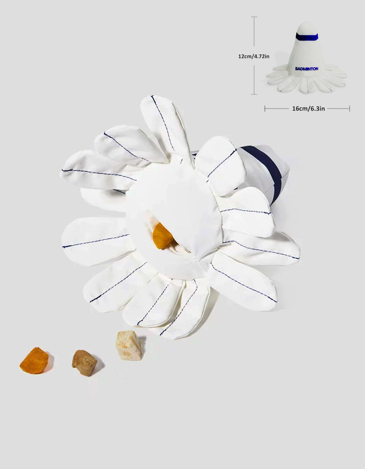 Feather shuttlecock inspired sniffing toy for dogs and cats with hidden treat compartments
