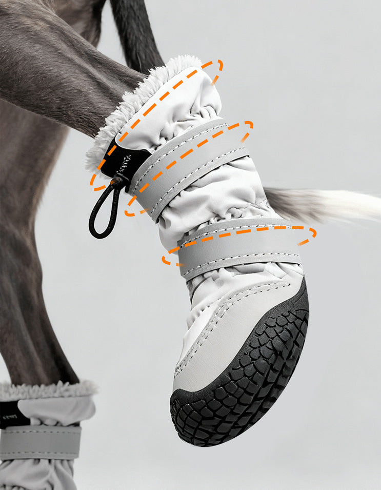 Side profile of waterproof long dog boots featuring leather reinforcement and anti-slip rubber outsole