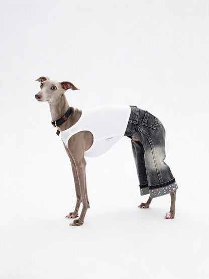 CHISUPET smoke gray pet denim overalls with rhinestone embellished pant hems