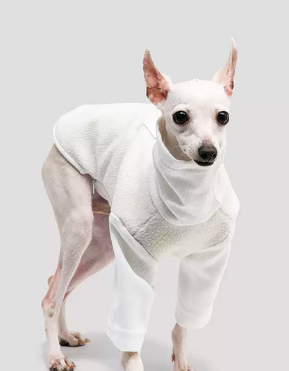 White CHISU CozyFleece dog suit featuring warm fleece fabric and comfortable stretch collar design.